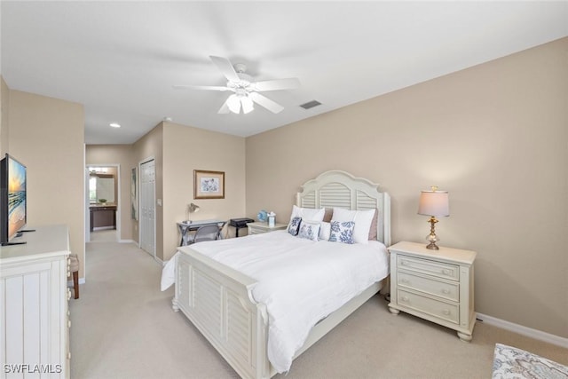 8421 Southbridge Dr Unit 4, Estero, FL 33967 - bedroom with light colored carpet, a closet, ceiling fan, and recessed lighting