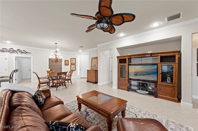 28649 San Lucas Ln Unit 102, Bonita Springs, FL 34135 - living room featuring a chandelier, ceiling fan, light tile patterned flooring, recessed lighting, and crown molding
