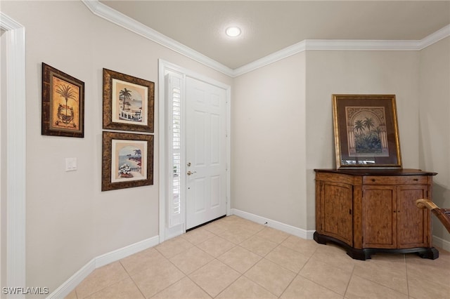 28649 San Lucas Ln Unit 102, Bonita Springs, FL 34135 - foyer with ornamental molding, light tile patterned floors, and recessed lighting