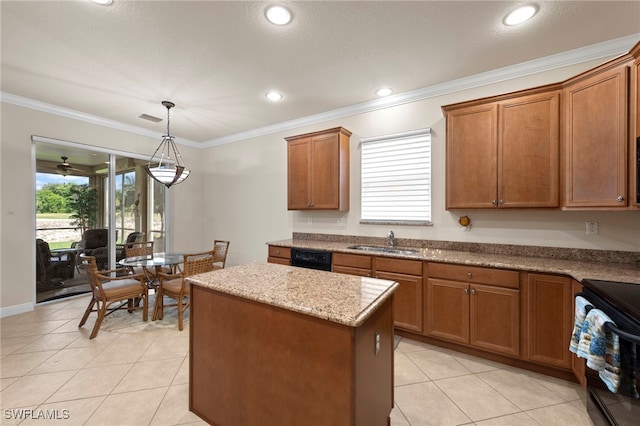 28649 San Lucas Ln Unit 102, Bonita Springs, FL 34135 - kitchen featuring a center island, range, light tile patterned floors, crown molding, and brown cabinetry