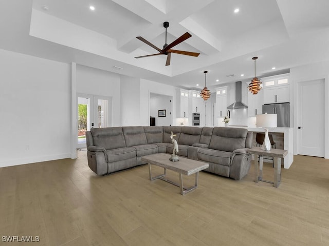 3475 3rd Ave SW, Naples, FL 34117 - living room featuring recessed lighting, light wood finished floors, a ceiling fan, beam ceiling, and coffered ceiling