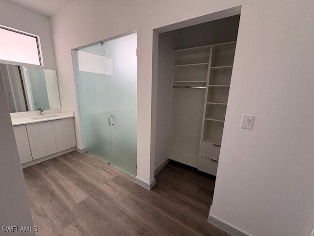 1024 Halby Ave S, Lehigh Acres, FL 33974 - full bath featuring a stall shower, wood finished floors, vanity, and a walk in closet