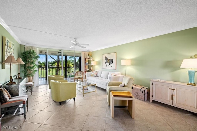 415 Augusta Blvd Unit 310, Naples, FL 34113 - living room with crown molding, a textured ceiling, a ceiling fan, and light tile patterned flooring