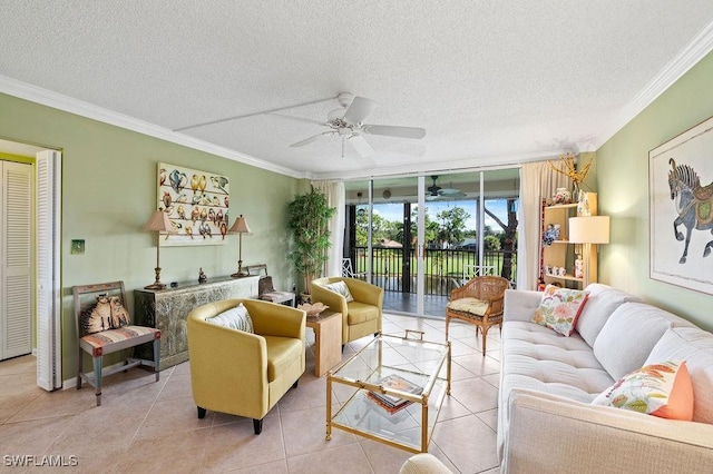 415 Augusta Blvd Unit 310, Naples, FL 34113 - living area with crown molding, a textured ceiling, tile patterned flooring, and ceiling fan