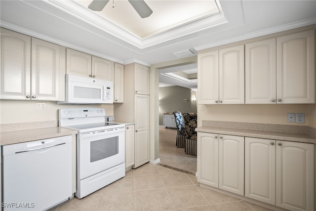 415 Augusta Blvd Unit 310, Naples, FL 34113 - kitchen featuring white appliances, a ceiling fan, light tile patterned floors, light countertops, and a tray ceiling