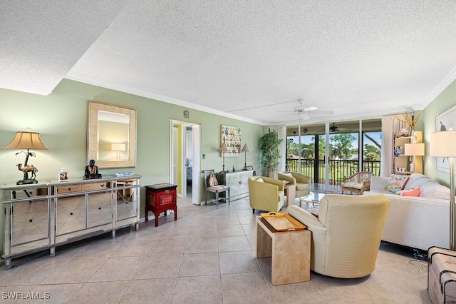 415 Augusta Blvd Unit 310, Naples, FL 34113 - living area featuring ornamental molding, a textured ceiling, a ceiling fan, and light tile patterned floors
