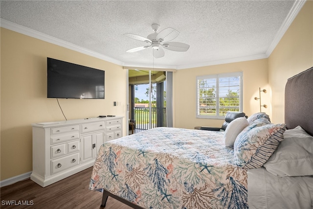 415 Augusta Blvd Unit 310, Naples, FL 34113 - bedroom with access to outside, dark wood-style floors, ornamental molding, a textured ceiling, and a ceiling fan