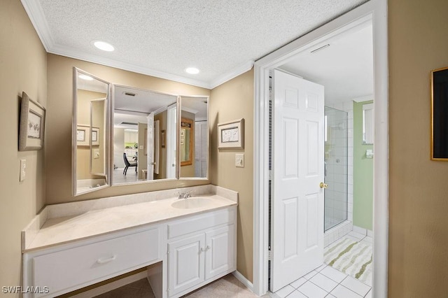 415 Augusta Blvd Unit 310, Naples, FL 34113 - full bath featuring vanity, a textured ceiling, crown molding, tiled shower, and tile patterned floors