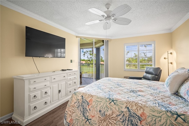 415 Augusta Blvd Unit 310, Naples, FL 34113 - bedroom featuring access to outside, ornamental molding, dark wood-style flooring, a textured ceiling, and a ceiling fan