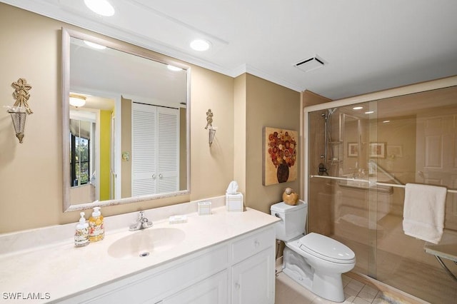 415 Augusta Blvd Unit 310, Naples, FL 34113 - bathroom featuring vanity, a stall shower, ornamental molding, tile patterned floors, and recessed lighting