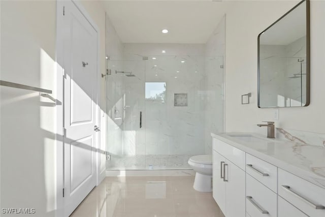 3115 41st St SW, Lehigh Acres, FL 33976 - bathroom featuring a marble finish shower, vanity, tile patterned floors, and recessed lighting