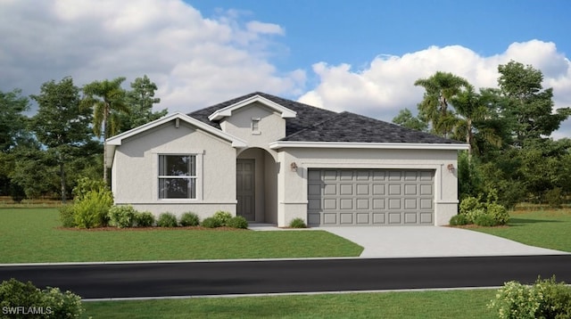 20530 Copperhead Dr, Lehigh Acres, FL 33936 - single story home with a garage, driveway, stucco siding, and a front lawn