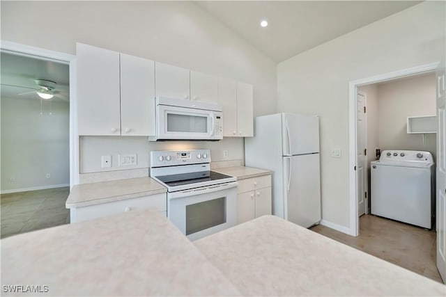 806 SW 4th Ave, Cape Coral, FL 33991 - kitchen with white appliances, washer / clothes dryer, light countertops, white cabinetry, and ceiling fan