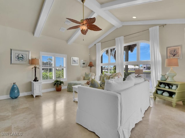 2546 SW 45th St, Cape Coral, FL 33914 - living area with beamed ceiling, a ceiling fan, high vaulted ceiling, and light tile patterned floors