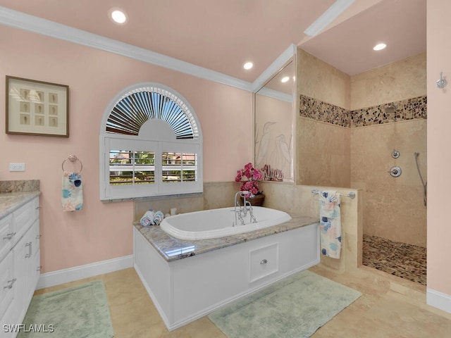 2546 SW 45th St, Cape Coral, FL 33914 - bathroom with a bath, walk in shower, vanity, ornamental molding, and recessed lighting