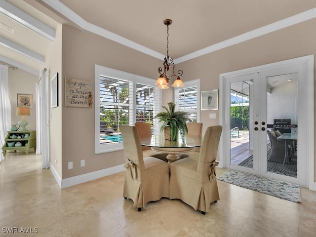2546 SW 45th St, Cape Coral, FL 33914 - dining room featuring french doors, ornamental molding, a chandelier, and light tile patterned flooring