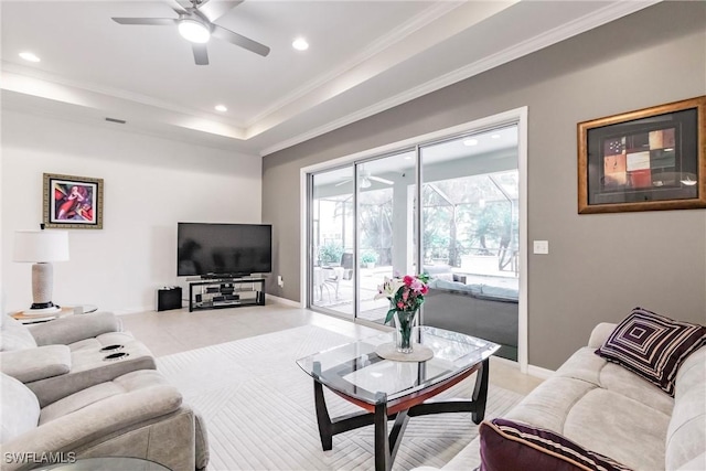 3260 Magnolia Landing Ln, North Fort Myers, FL 33917 - living area featuring ceiling fan, ornamental molding, recessed lighting, and a raised ceiling