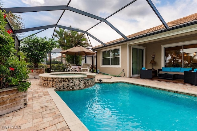 3260 Magnolia Landing Ln, North Fort Myers, FL 33917 - view of pool with an outdoor living space, a patio area, a pool with connected hot tub, and a lanai