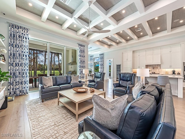 130 Burning Tree Dr, Naples, FL 34105 - living room with coffered ceiling, beamed ceiling, a ceiling fan, light wood-style flooring, and a towering ceiling