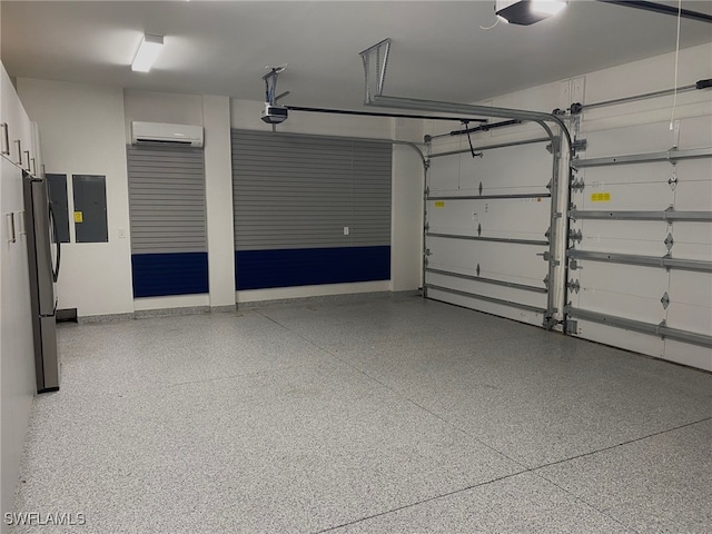 130 Burning Tree Dr, Naples, FL 34105 - garage with electric panel, a wall mounted air conditioner, freestanding refrigerator, and a garage door opener