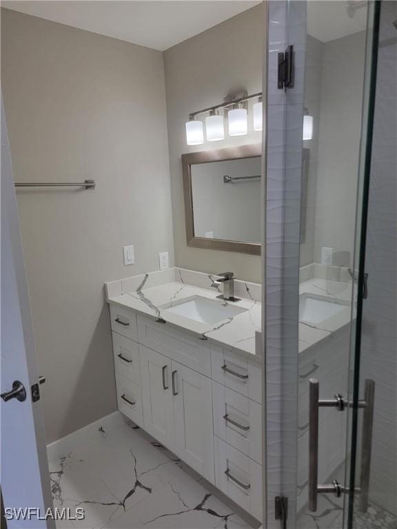 709 Landover Cir Unit 203, Naples, FL 34104 - full bathroom with vanity, marble look tiles, and a stall shower