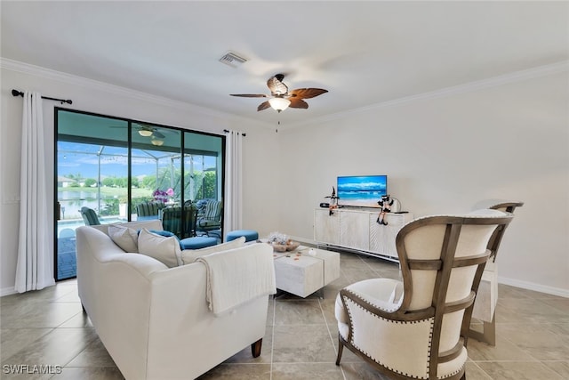 9207 Shadow Oak Ln, Naples, FL 34120 - living room with crown molding, a ceiling fan, and light tile patterned floors