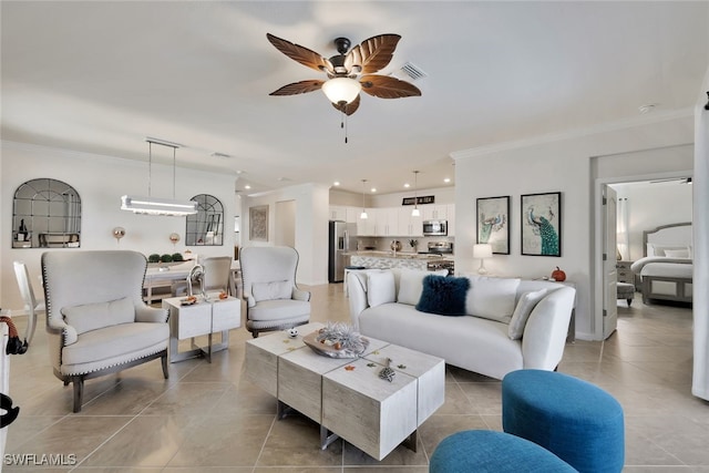 9207 Shadow Oak Ln, Naples, FL 34120 - living area featuring ornamental molding, ceiling fan, recessed lighting, and light tile patterned floors