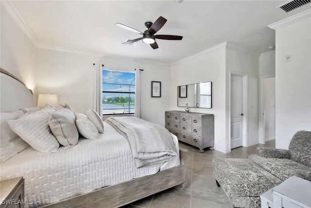 9207 Shadow Oak Ln, Naples, FL 34120 - bedroom featuring crown molding, a ceiling fan, and light tile patterned flooring