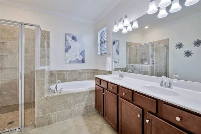 9207 Shadow Oak Ln, Naples, FL 34120 - full bath with a chandelier, a shower stall, a garden tub, double vanity, and tile patterned floors