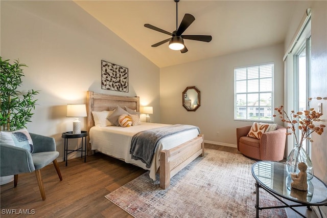 6325 Wilshire Pines Cir Unit 3, Naples, FL 34109 - bedroom with vaulted ceiling, wood finished floors, and a ceiling fan