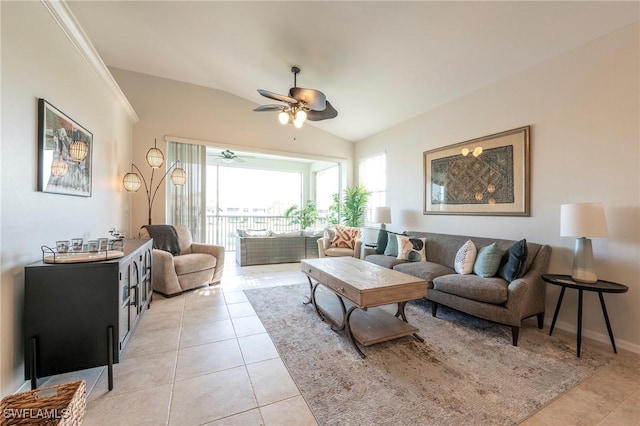 6325 Wilshire Pines Cir Unit 3, Naples, FL 34109 - living room featuring lofted ceiling, light tile patterned floors, and ceiling fan