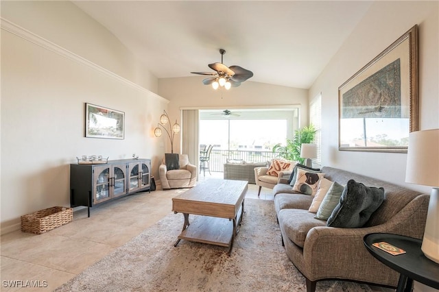 6325 Wilshire Pines Cir Unit 3, Naples, FL 34109 - living room with vaulted ceiling, light tile patterned floors, and ceiling fan