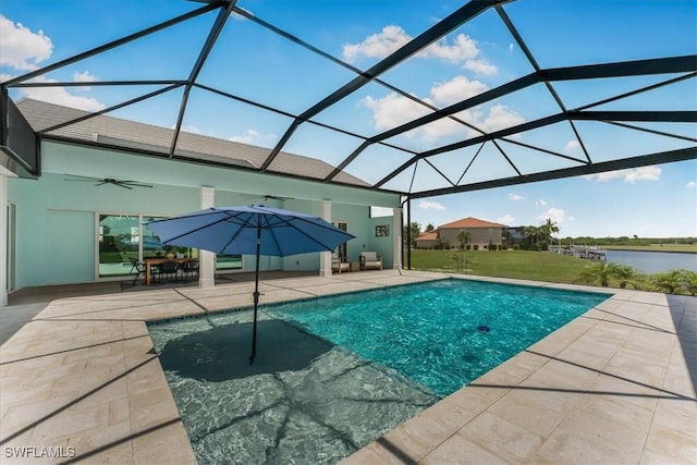 3548 Mondovi Ct, Punta Gorda, FL 33950 - swimming pool featuring a patio area, ceiling fan, a water view, and glass enclosure
