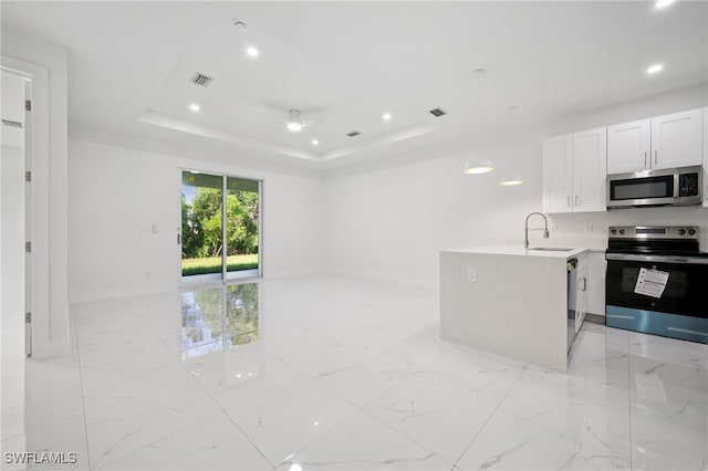 2401-2403 Quentin Ave S, Lehigh Acres, FL 33973 - kitchen featuring appliances with stainless steel finishes, light marble finish floors, recessed lighting, open floor plan, and a tray ceiling