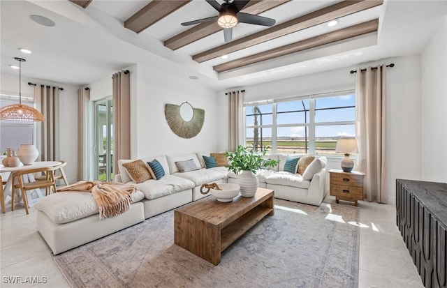 604 Oasis Lake Pl, Lehigh Acres, FL 33936 - living area with ceiling fan, recessed lighting, light tile patterned floors, and beam ceiling