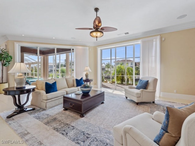 504 Tigertail Ct, Marco Island, FL 34145 - living area with crown molding, ceiling fan, and recessed lighting