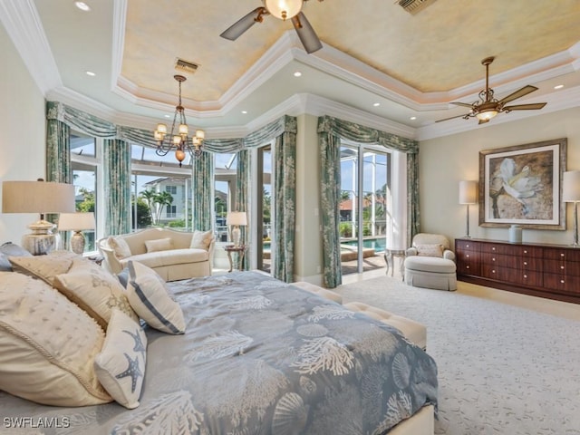 504 Tigertail Ct, Marco Island, FL 34145 - bedroom featuring a tray ceiling, access to exterior, crown molding, a chandelier, and carpet floors