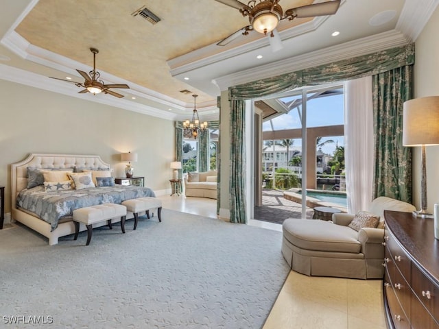 504 Tigertail Ct, Marco Island, FL 34145 - bedroom with a tray ceiling, crown molding, access to exterior, recessed lighting, and a chandelier
