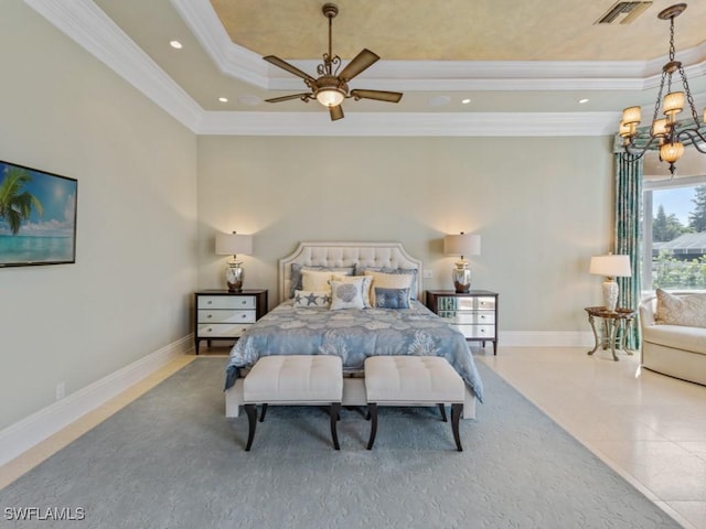 504 Tigertail Ct, Marco Island, FL 34145 - tiled bedroom featuring a tray ceiling, ornamental molding, recessed lighting, a chandelier, and ceiling fan