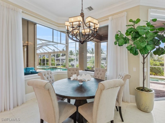 504 Tigertail Ct, Marco Island, FL 34145 - dining space featuring a chandelier, a sunroom, and crown molding