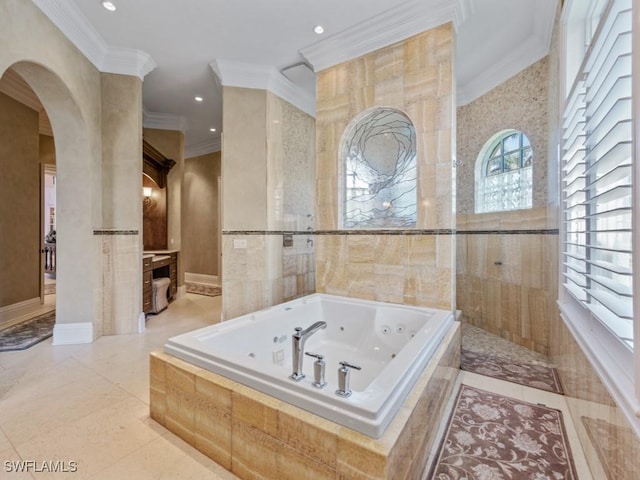 504 Tigertail Ct, Marco Island, FL 34145 - full bathroom featuring crown molding, a tub with jets, recessed lighting, and walk in shower