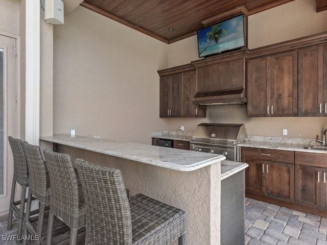 504 Tigertail Ct, Marco Island, FL 34145 - kitchen featuring under cabinet range hood, stone tile floors, a peninsula, a kitchen bar, and wooden ceiling