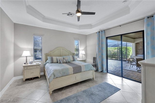 2786 Aviamar Cir, Naples, FL 34114 - bedroom featuring a tray ceiling, access to outside, ornamental molding, ceiling fan, and light tile patterned floors