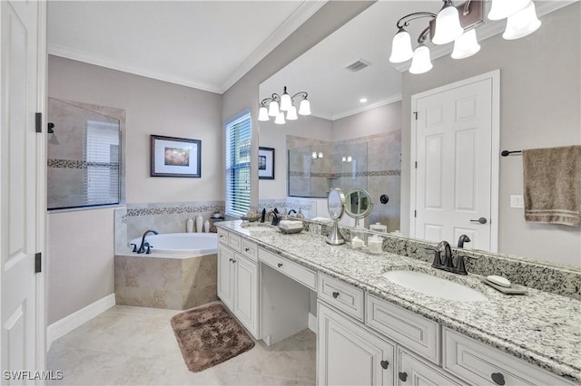 2786 Aviamar Cir, Naples, FL 34114 - bathroom featuring a stall shower, double vanity, a bath, ornamental molding, and a chandelier