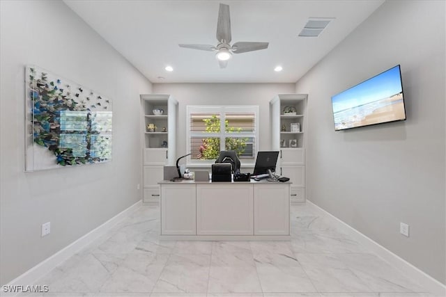 28646 Lobos Cir, Bonita Springs, FL 34135 - office area with ceiling fan, light marble finish flooring, and recessed lighting