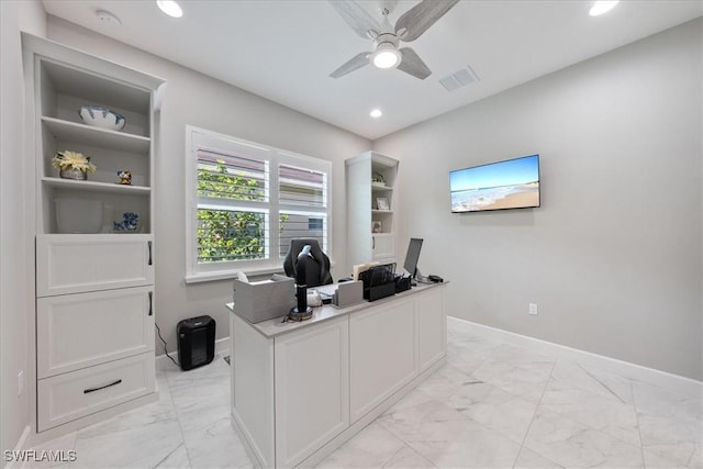 28646 Lobos Cir, Bonita Springs, FL 34135 - office area with light marble finish flooring, a ceiling fan, and recessed lighting