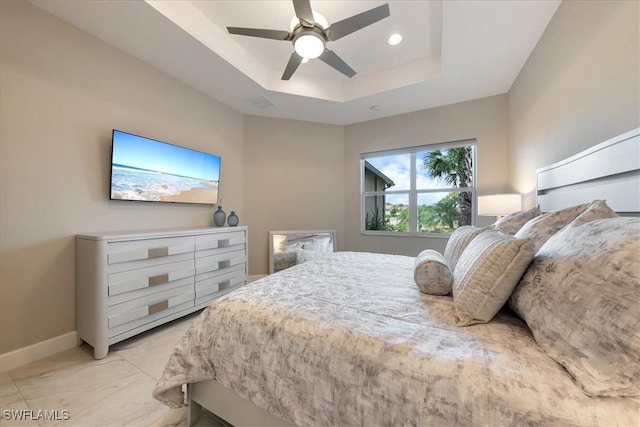 28646 Lobos Cir, Bonita Springs, FL 34135 - bedroom with a tray ceiling, light marble finish flooring, ceiling fan, and recessed lighting