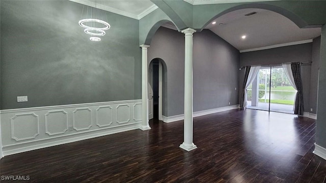 3940 Ruxton Rd, Naples, FL 34116 - empty room with wood finished floors, ornate columns, arched walkways, and lofted ceiling