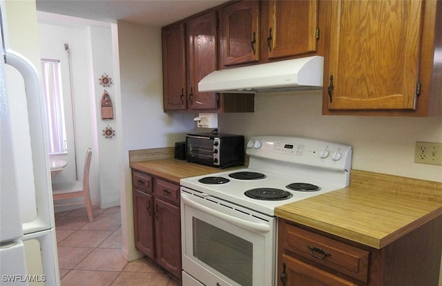4265 Bay Beach Ln Unit 524, Fort Myers Beach, FL 33931 - kitchen featuring white electric range oven, under cabinet range hood, refrigerator, and light countertops