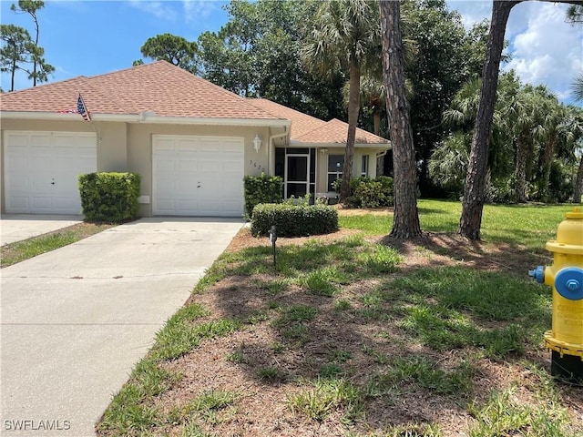 3620 Stone Way, Estero, FL 33928 - ranch-style house featuring stucco siding, an attached garage, driveway, and a shingled roof